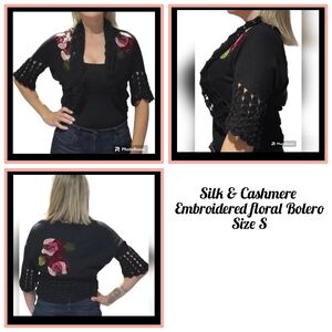 Silk & Cashmere Black Embroidered Floral Applicay & Crochet Trim bolero size S